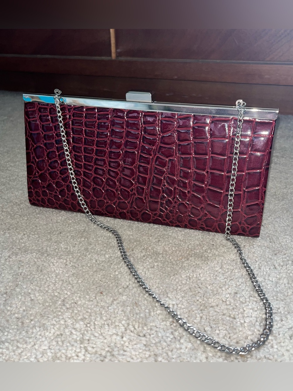 Apostrophe Croc-Embossed Burgundy Chain Shoulder Clutch